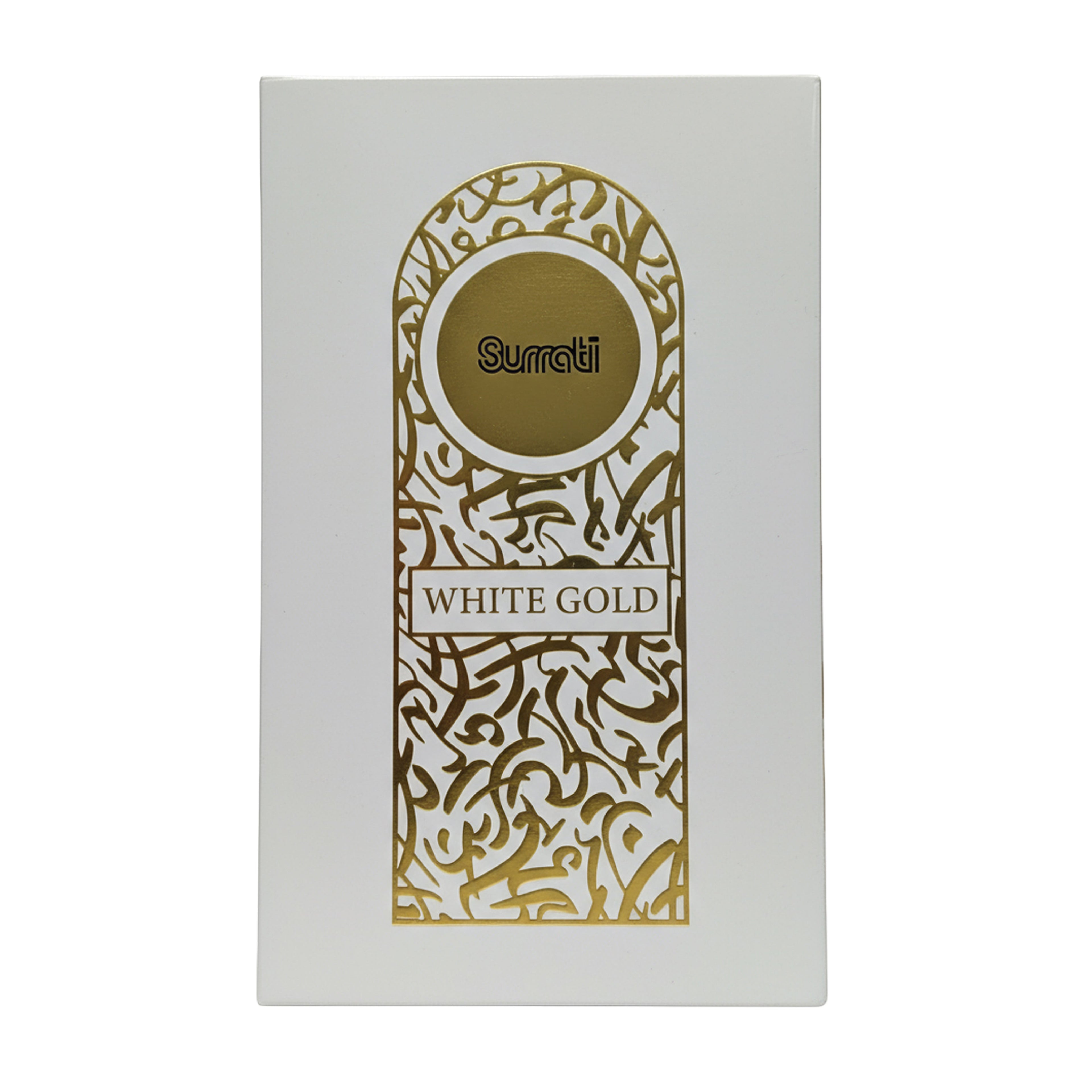 A rectangular white box with ornate gold Arabic calligraphy and a central oval label reading 'Surrati' and 'WHITE GOLD' on a plain white background.