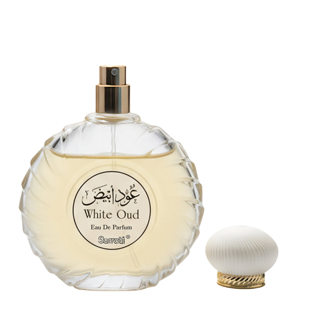 Surrati White Oud Eau De Parfum bottle with cap on a white background