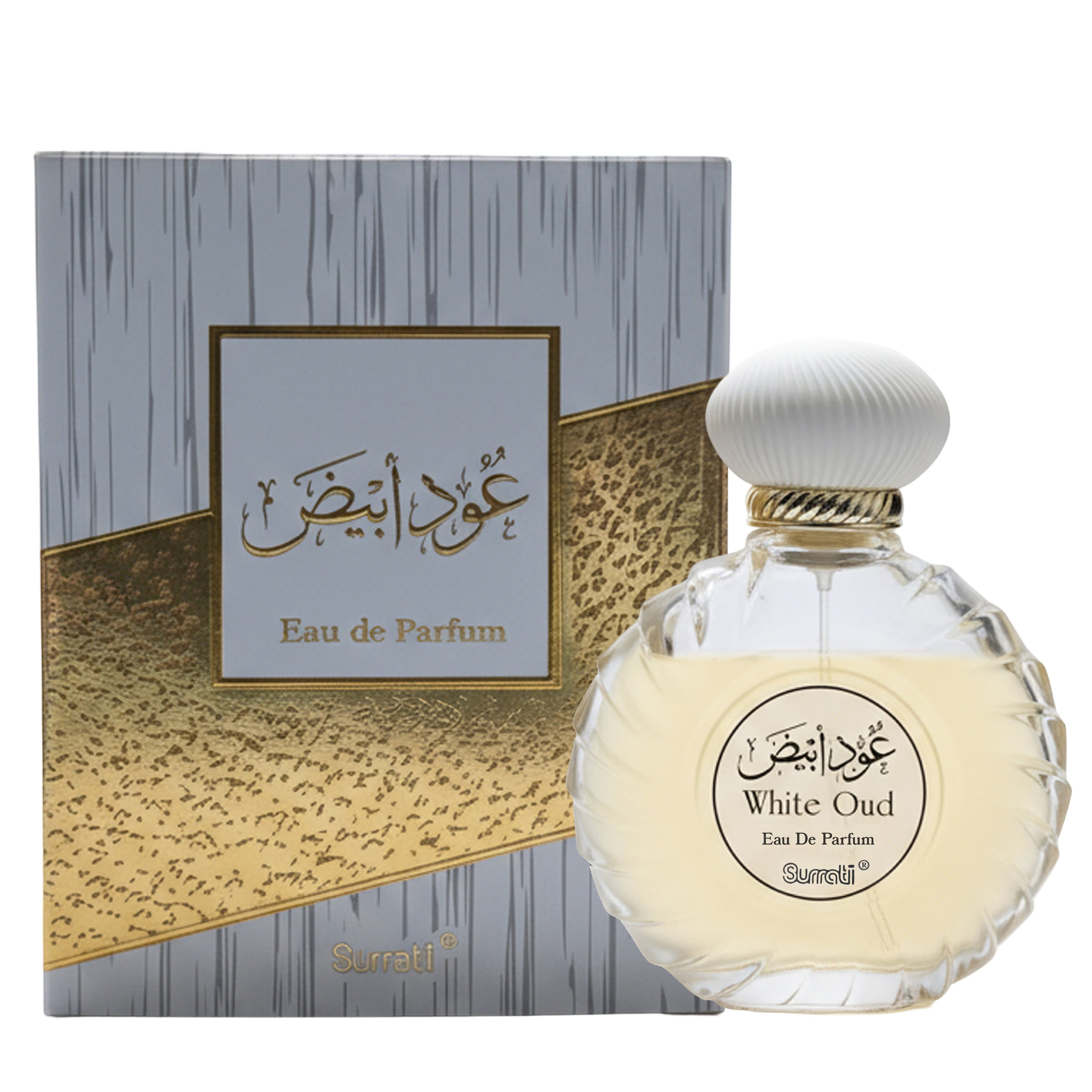 White Oud perfume bottle with packaging on a white background