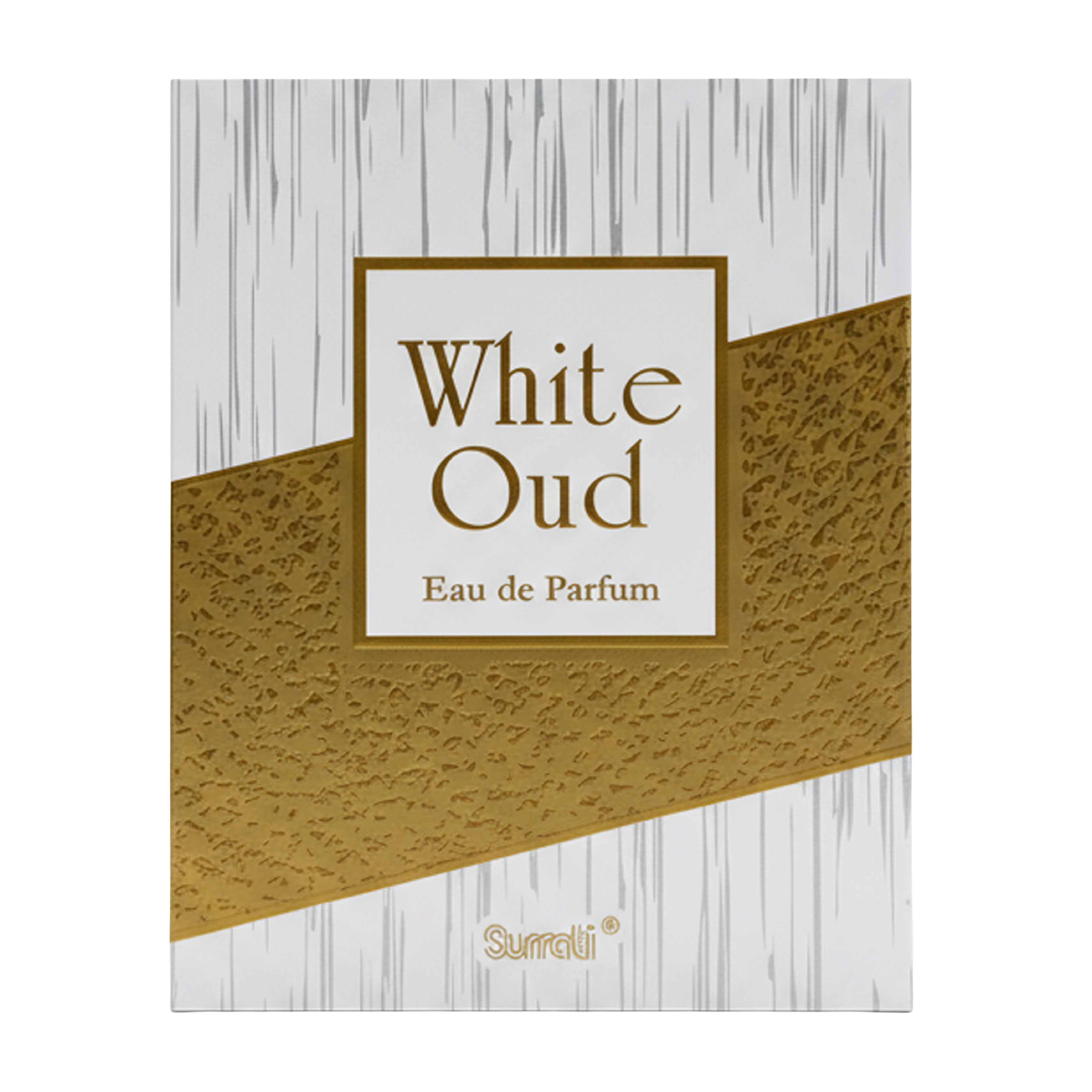 White Oud Eau de Parfum packaging with gold and white design on a white background